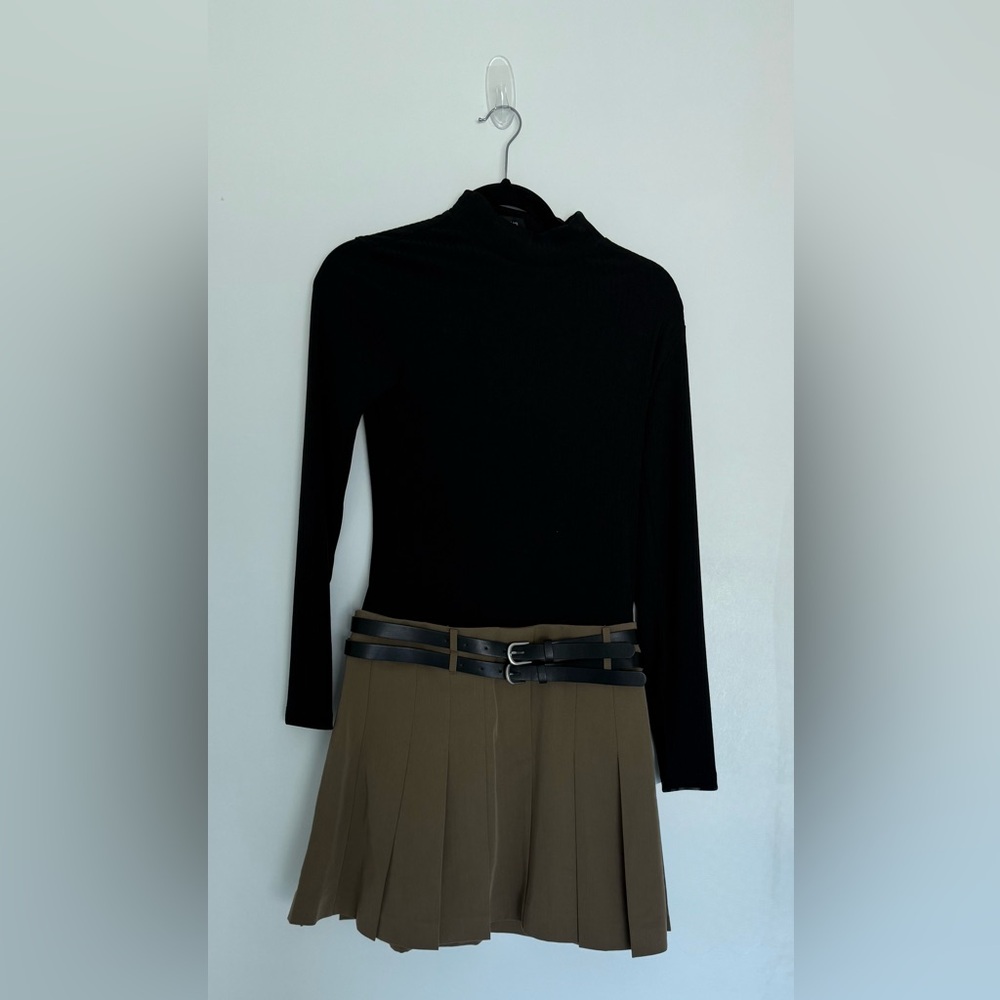 Mango Candy Pleated Mixed Media Long sleeve minidress
